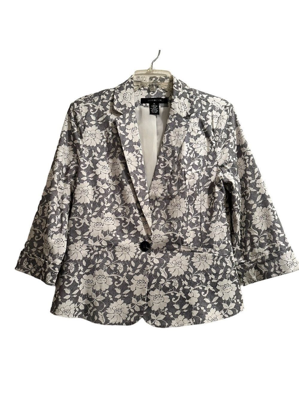 89th & Madison Floral Spring Blazer Womens Medium Gray & White 3/4 Sleeves Lined